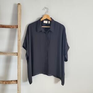 Chico's Black Oversized Sheer Cuffed Short Sleeve Button Down Top Size M